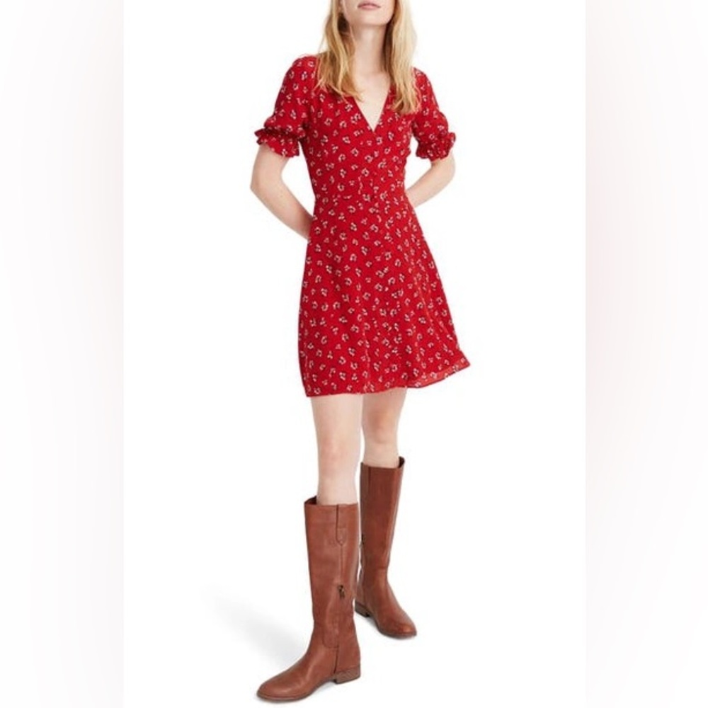 Madewell red silk floral mini dress